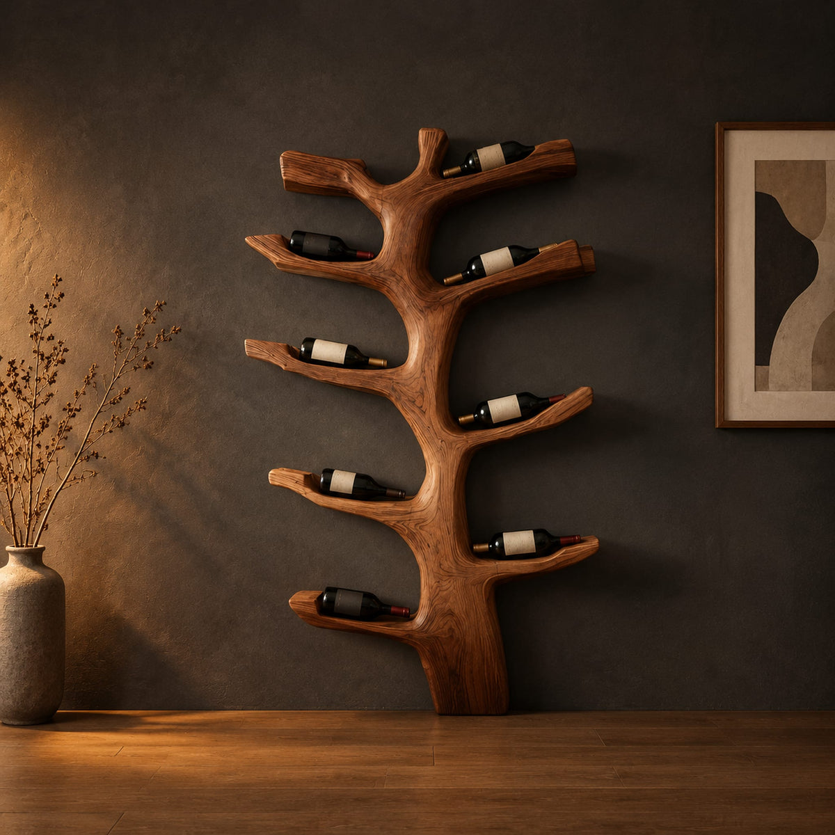 Branching tree wine rack with angled arms that cradle bottles in a dark studio against a charcoal plaster wall