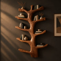 Branching tree wine rack with angled arms that cradle bottles, three-quarter view showing the grain
