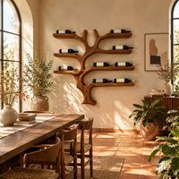 Branching tree wine rack with wide shelf arms and a root shaped foot in a bright dining room with arched windows and plants