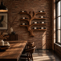 Branching tree wine rack with wide shelf arms and a root shaped foot in an industrial loft dining room with exposed brick