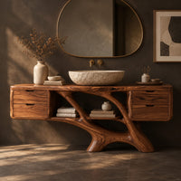 Corner detail of bathroom vanity with a drawer block at each end and a branching trunk base beside wood, brass and linen samples