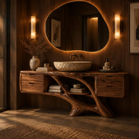 Bathroom vanity with a drawer block at each end and a branching trunk base in an evening bathroom with walnut wall paneling