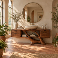 Bathroom vanity with a drawer block at each end and a branching trunk base in a bright bathroom with arched windows and plants