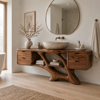 Bathroom vanity with a drawer block at each end and a branching trunk base in a Scandinavian bathroom with white walls