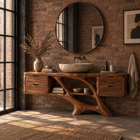 Bathroom vanity with a drawer block at each end and a branching trunk base in an industrial loft bathroom with exposed brick