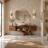 Bathroom vanity with a drawer block at each end and a branching trunk base in a bright open plan bathroom