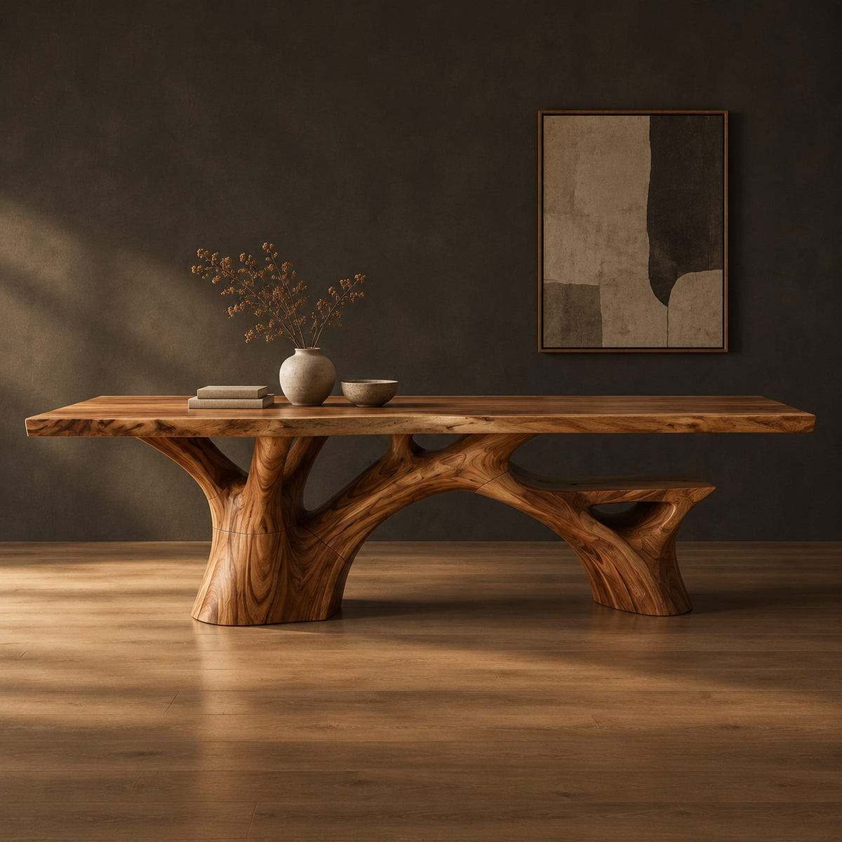 Rectangular dining table with a slab top and branching trunk base in a dark studio against a charcoal plaster wall