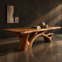 Rectangular dining table with a slab top and branching trunk base, three-quarter view showing the grain