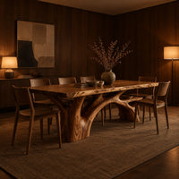 Rectangular dining table with a slab top and branching trunk base in an evening dining room with walnut wall paneling