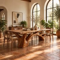 Rectangular dining table with a slab top and branching trunk base in a bright dining room with arched windows and plants