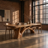 Rectangular dining table with a slab top and branching trunk base in an industrial loft dining room with exposed brick