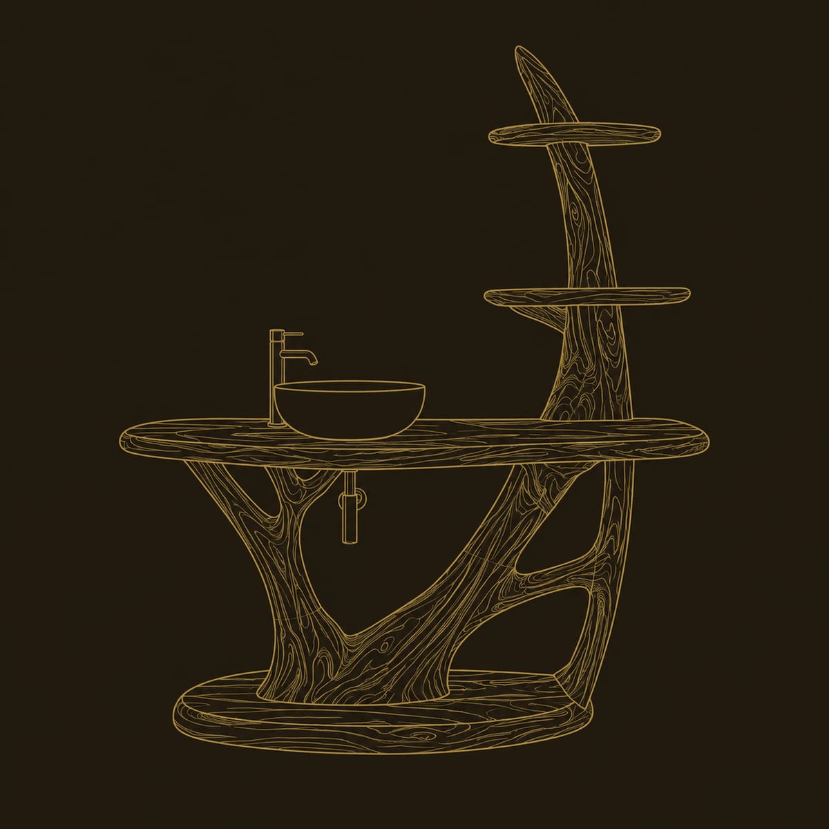 Branching Trunk Bathroom Vanity With Oval Base And Tiered Shelves dimension diagram