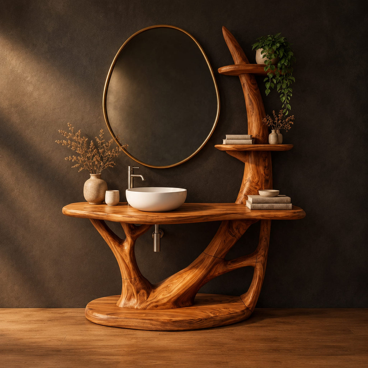 Bathroom vanity with a branching trunk base, oval plinth and tiered side shelves in a dark studio against a charcoal plaster wall