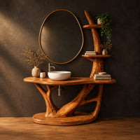 Bathroom vanity with a branching trunk base, oval plinth and tiered side shelves in a dark studio against a charcoal plaster wall
