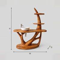 Branching Trunk Bathroom Vanity With Oval Base And Tiered Shelves dimension diagram with width, height and depth