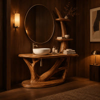 Bathroom vanity with a branching trunk base, oval plinth and tiered side shelves in an evening bathroom with walnut wall paneling