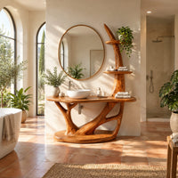 Bathroom vanity with a branching trunk base, oval plinth and tiered side shelves in a bright bathroom with arched windows and plants