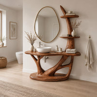 Bathroom vanity with a branching trunk base, oval plinth and tiered side shelves in a Scandinavian bathroom with white walls