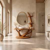 Bathroom vanity with a branching trunk base, oval plinth and tiered side shelves in a bright open plan bathroom
