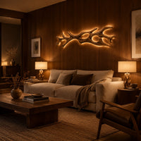 Branching wall sconce with open cutouts and a warm glow behind the wood in an evening living room with walnut wall paneling