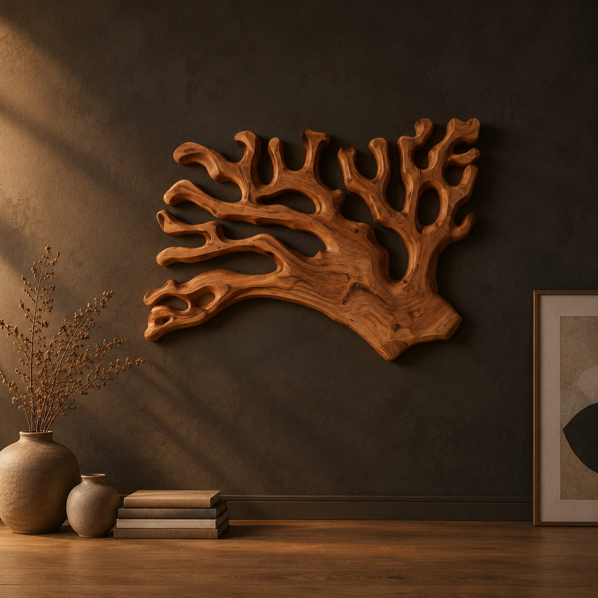 Branching wall sconce shaped like coral with a warm glow behind its edges in a dark studio against a charcoal plaster wall