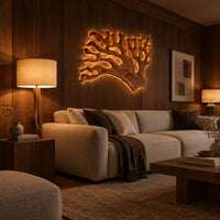 Branching wall sconce shaped like coral with a warm glow behind its edges in an evening living room with walnut wall paneling