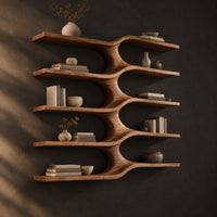 Five stacked wall shelves joined by a central branching stem, three-quarter view showing the grain
