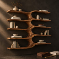 Corner detail of five stacked wall shelves joined by a central branching stem beside wood, brass and linen samples