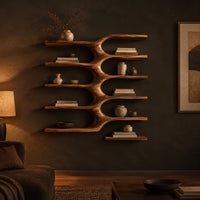 Five stacked wall shelves joined by a central branching stem in a dark living room at golden hour