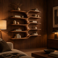 Five stacked wall shelves joined by a central branching stem in an evening living room with walnut wall paneling
