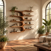 Five stacked wall shelves joined by a central branching stem in a bright living room with arched windows and plants