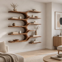 Five stacked wall shelves joined by a central branching stem in a Scandinavian living room with white walls