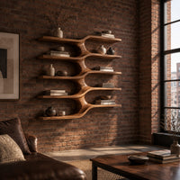 Five stacked wall shelves joined by a central branching stem in an industrial loft living room with exposed brick