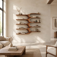 Five stacked wall shelves joined by a central branching stem in a bright open plan living room