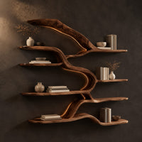 Corner detail of branching wall shelves with several wavy tiers joined by a flowing trunk beside wood, brass and linen samples