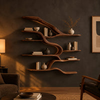 Branching wall shelves with several wavy tiers joined by a flowing trunk in a dark living room at golden hour