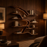 Branching wall shelves with several wavy tiers joined by a flowing trunk in an evening living room with walnut wall paneling