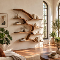 Branching wall shelves with several wavy tiers joined by a flowing trunk in a bright living room with arched windows and plants