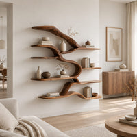 Branching wall shelves with several wavy tiers joined by a flowing trunk in a Scandinavian living room with white walls
