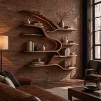 Branching wall shelves with several wavy tiers joined by a flowing trunk in an industrial loft living room with exposed brick