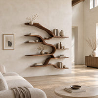 Branching wall shelves with several wavy tiers joined by a flowing trunk in a bright open plan living room