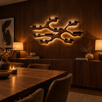 Branching wood wine bottle holder with a cradle at each branch tip in an evening dining room with walnut wall paneling