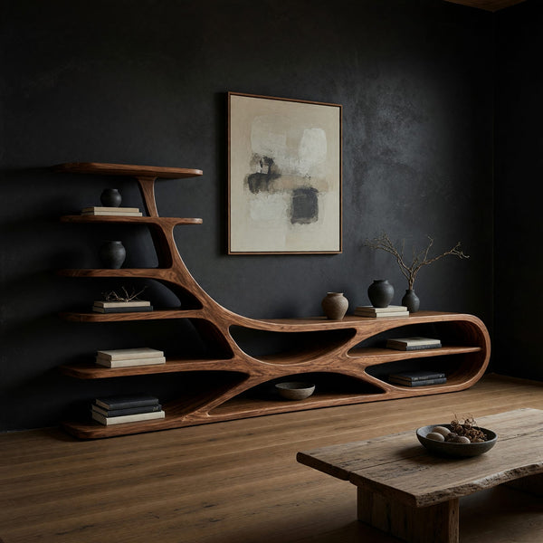 Branchwing TV Stand, Floating Shelves on a Carved Base