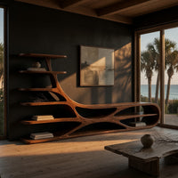 TV stand with branching floating shelves on a carved base in a living room at golden hour