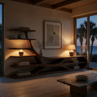 TV stand with branching floating shelves on a carved base in an evening room lit by two lamps