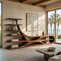 TV stand with branching floating shelves on a carved base in a sunlit room with large windows and plants
