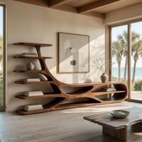 TV stand with branching floating shelves on a carved base in a bright modern living room