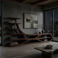 TV stand with branching floating shelves on a carved base in a concrete and timber loft