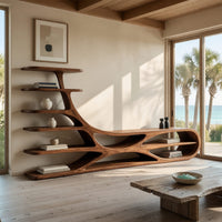 TV stand with branching floating shelves on a carved base in an open plan space in daylight