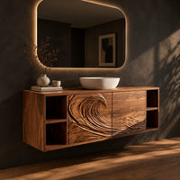 Floating vanity with carved breaking wave fronts and open cubbies at both ends, three-quarter view showing the grain